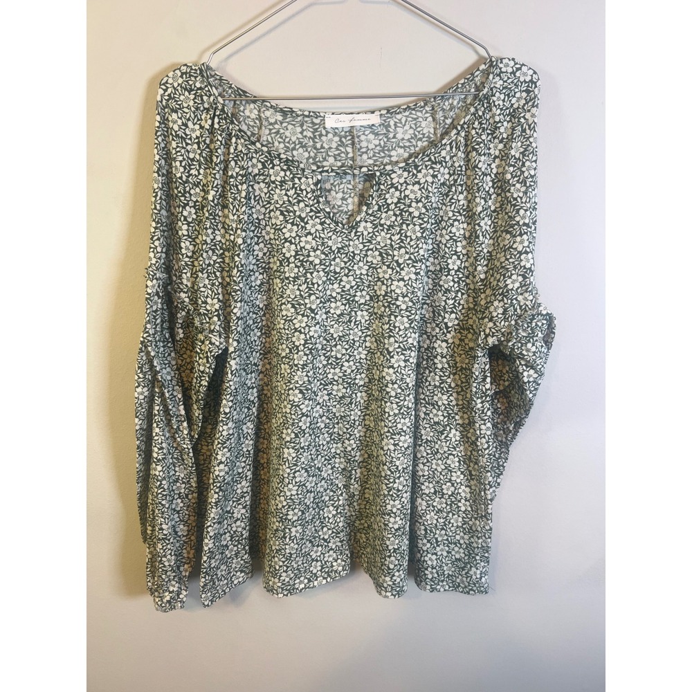Ces Femme Womens Long Sleeve Top Keyhole Neck Floral Green White Size‎ L